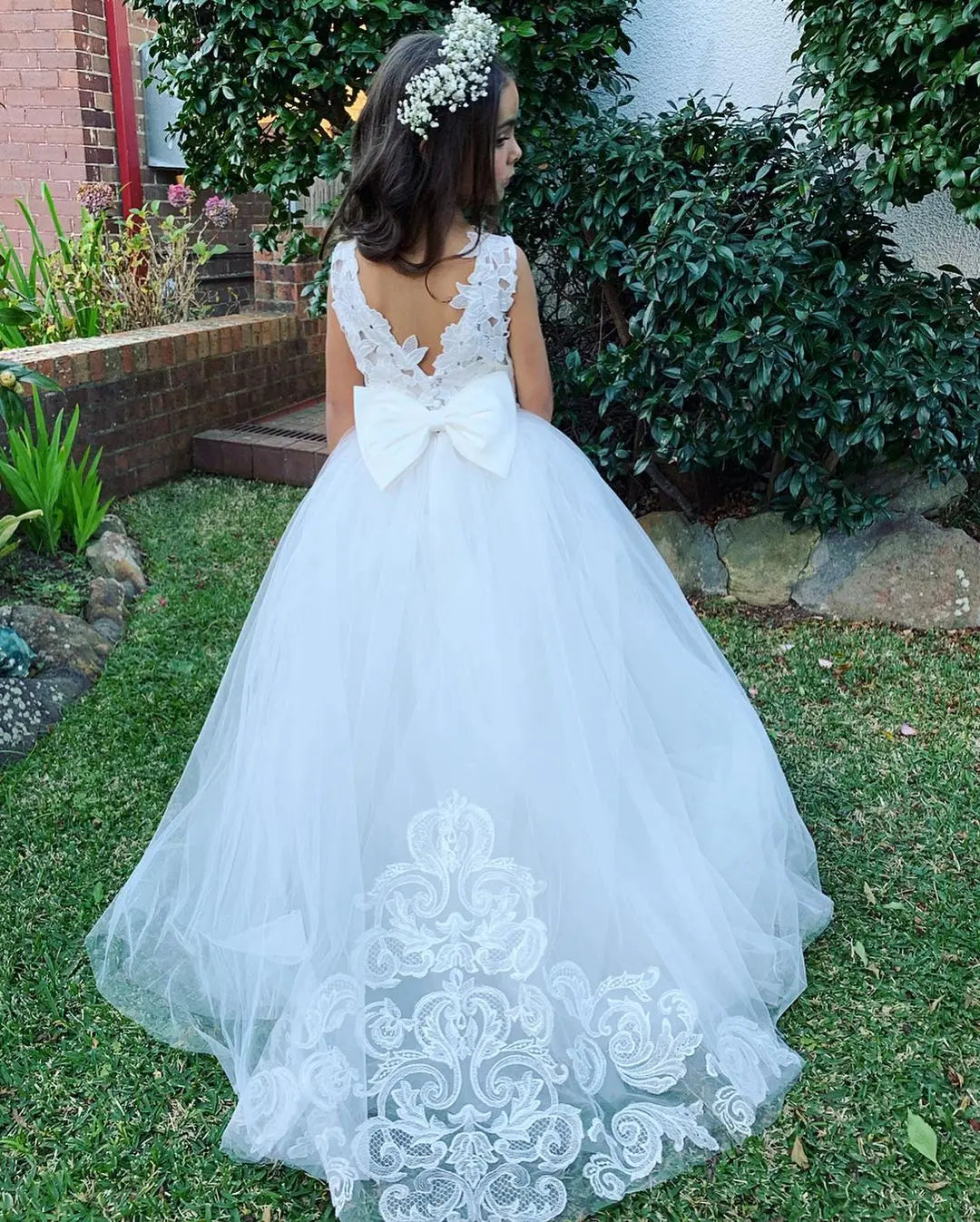 Communion Girl Dress Lace Appqulies Bodice Floor-length Skirt Puffy Dress with Long Train Formal Party Toddler Clothe