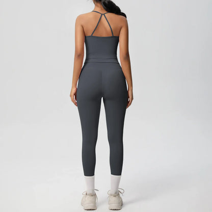 Halter Yoga Top Set Fitness Gym Suit Training Sleeveless Sport Gym Tops Crossover Back Sports Underwear  Tummy Control Slimming