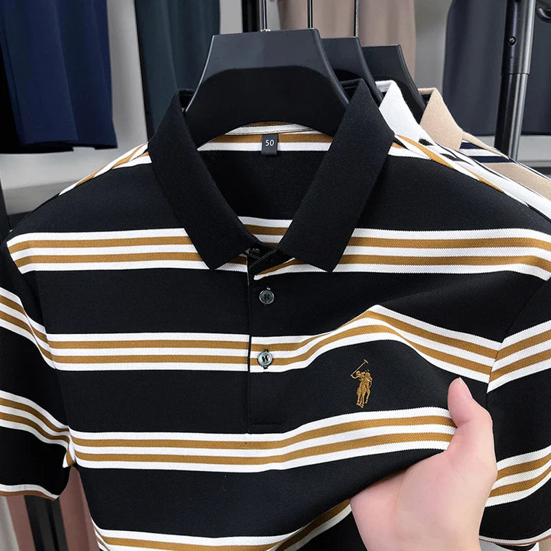 Men's Short Sleeve Embroidered Striped Polo Shirt Summer High End Brand Fashion Business Breathable Lapel T-shirt Men's Clothing