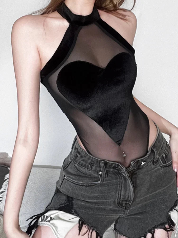 Flocking Heart Sexy Bodysuit Lingerie See Through Mesh One-pieces Body Feminino Sleeveless Bustier Black Tops Women Neck-mounted
