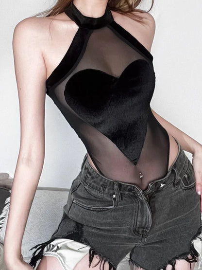 Flocking Heart Sexy Bodysuit Lingerie See Through Mesh One-pieces Body Feminino Sleeveless Bustier Black Tops Women Neck-mounted