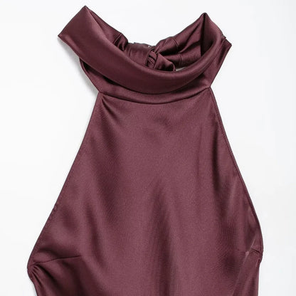 Women's Long Satin Halter Dress, Backless, Bow Tied, Back Zipper, Female Dresses, Sexy Fashion