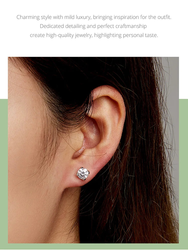 D Color VVS1 EX 1CT Moissanite Stud Earrings for Women 925 Sterling Silver Wedding Gift Top Quality Dazzling Earrings