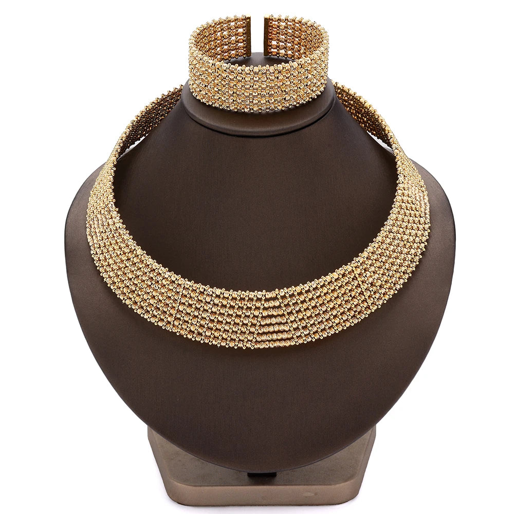 Dubai Casamento Nupcial Conjuntos Completos De Joias Para Mulheres Festa Luxo Nigéria Banhado A Ouro Contas Gargantilha Colar Conjunto De Joias