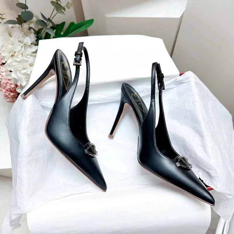 Thin heeled Baotou sandals for women's summer 2026 new style, pointed back strap, metal buckle, versatile high-heeled sandals