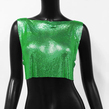 Sexy Metal Sequin Tank Top For Women y2k Summer Beach Backless Crop Top Rave Festival Club Outfits Camisole