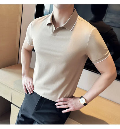 Business Casual Solid Color Men's Polo Shirt, 2024 Summer Classic, Men Short Sleeve V-neck T-shirt, Slim Fit Spliced Polo 4XL-M