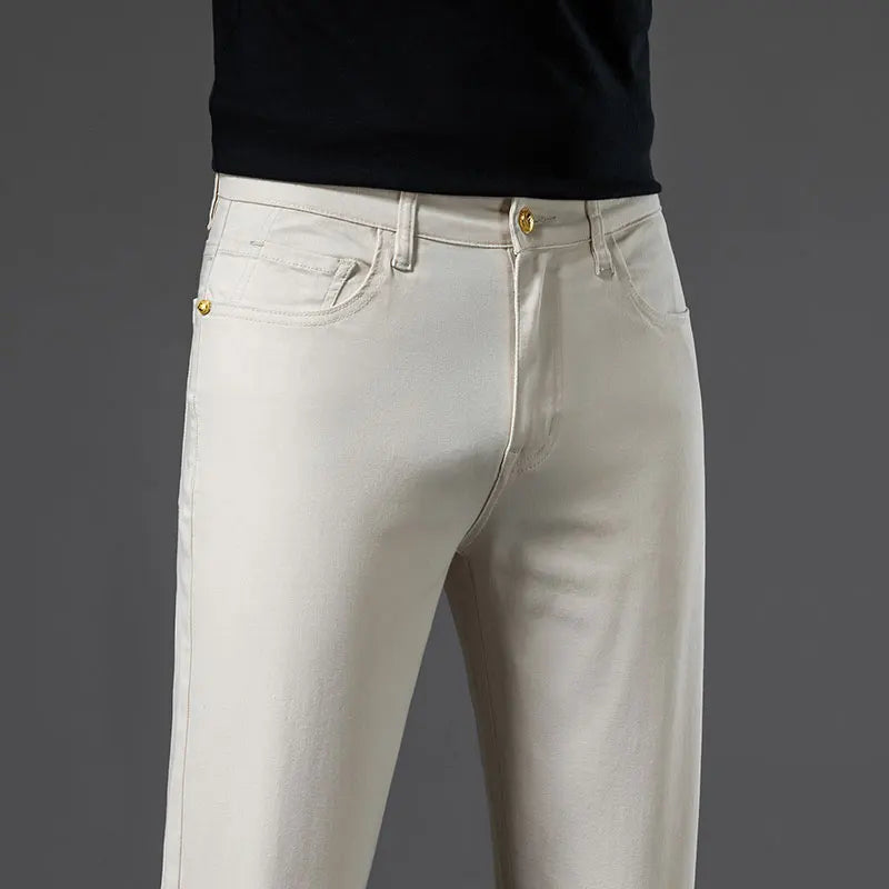 2024 New Men's Khaki White Cotton Stretch Slim Smart Jeans Casual Straight Business Fashion Beige Brand Denim Trousers