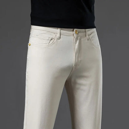 2024 New Men's Khaki White Cotton Stretch Slim Smart Jeans Casual Straight Business Fashion Beige Brand Denim Trousers