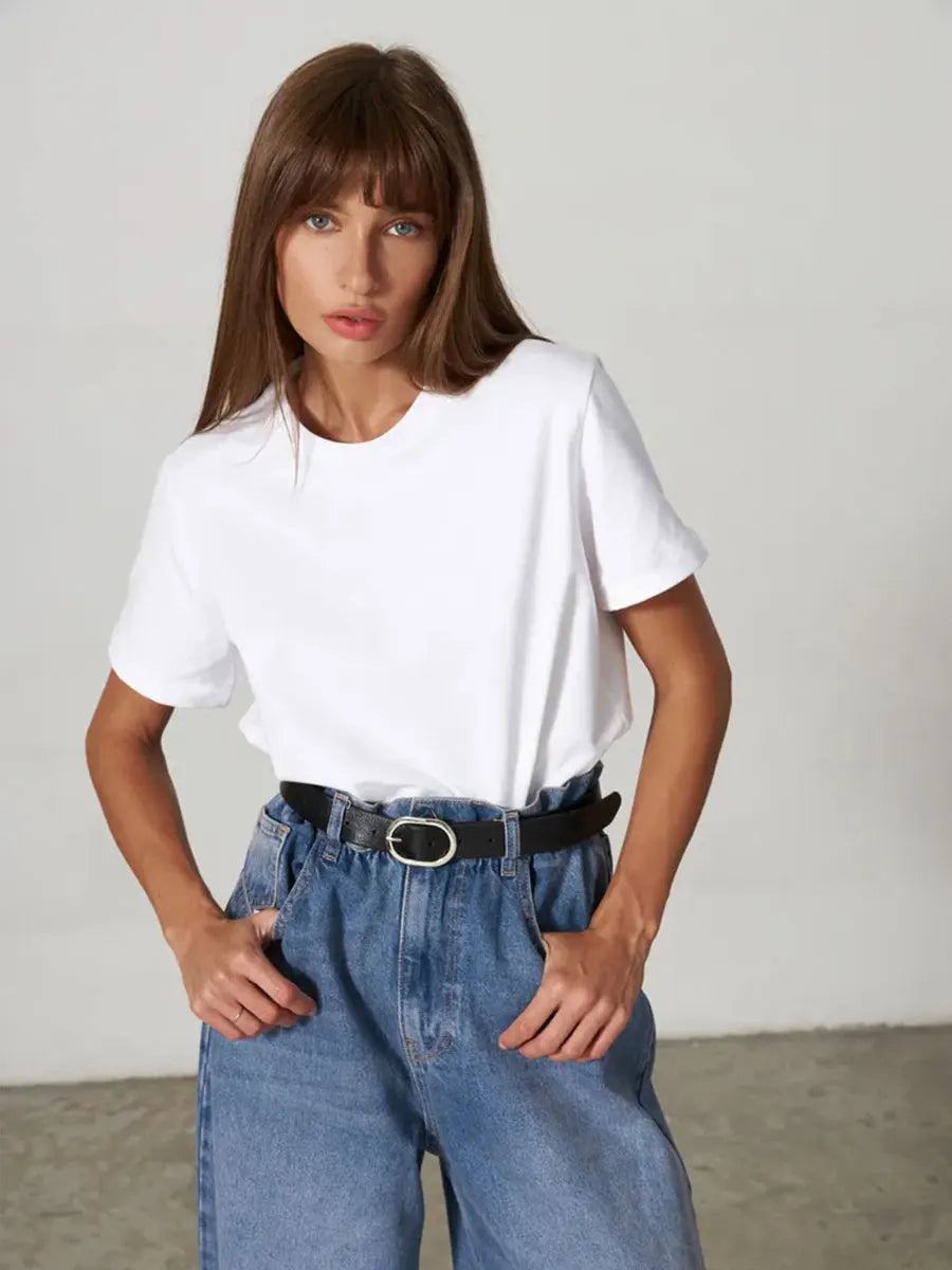 Summer 100% Cotton Women's T-shirt Bottoming Basic Fashionable Solid Lady Short Sleeve Loose Tops Shirts 230g/㎡ Tops