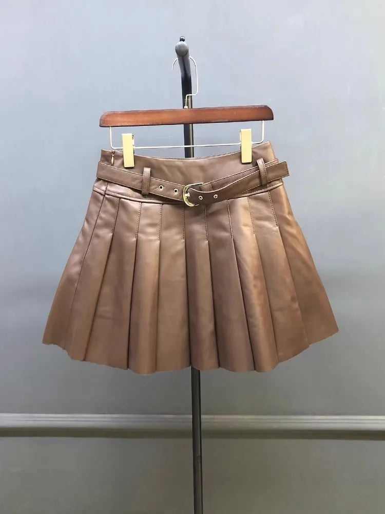 Autumn Women Sweet Sheepskin Genuine Leather Pleated Skirt High Waist Belt Fashion Casual Party Solid Color A Line Short Skirts