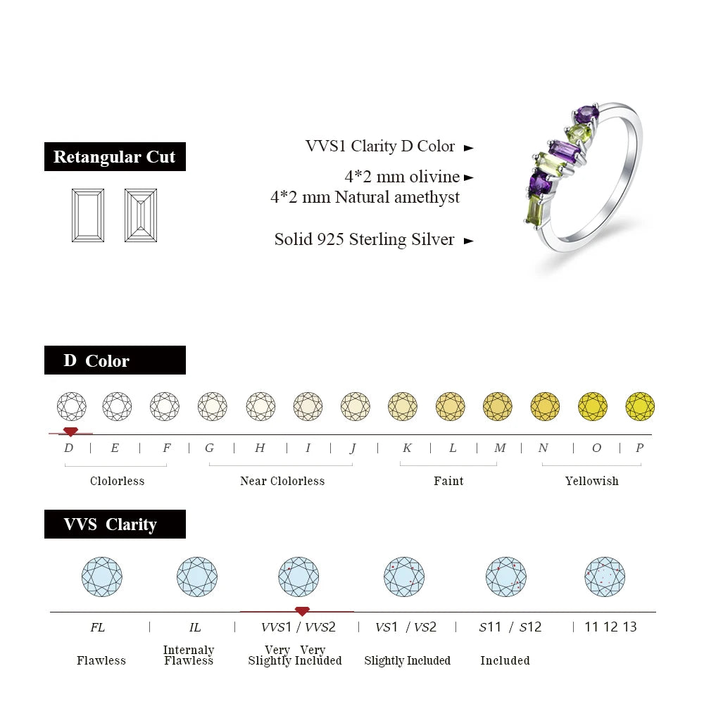 Minimalist Natural Amethyst Peridot Ring 925 Sterling Silver for Women Men Fine Wedding Party Wear Jewelry Gifts
