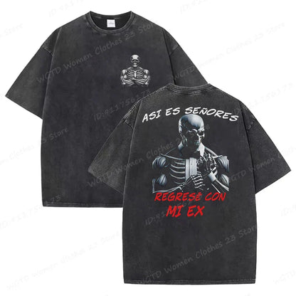 Calacas Chidas Gym Washed T-Shirts Men's Trendy Cool Skeleton & Gym Print Oversized Tshirt Summer Tees Streetwear Casual Tops