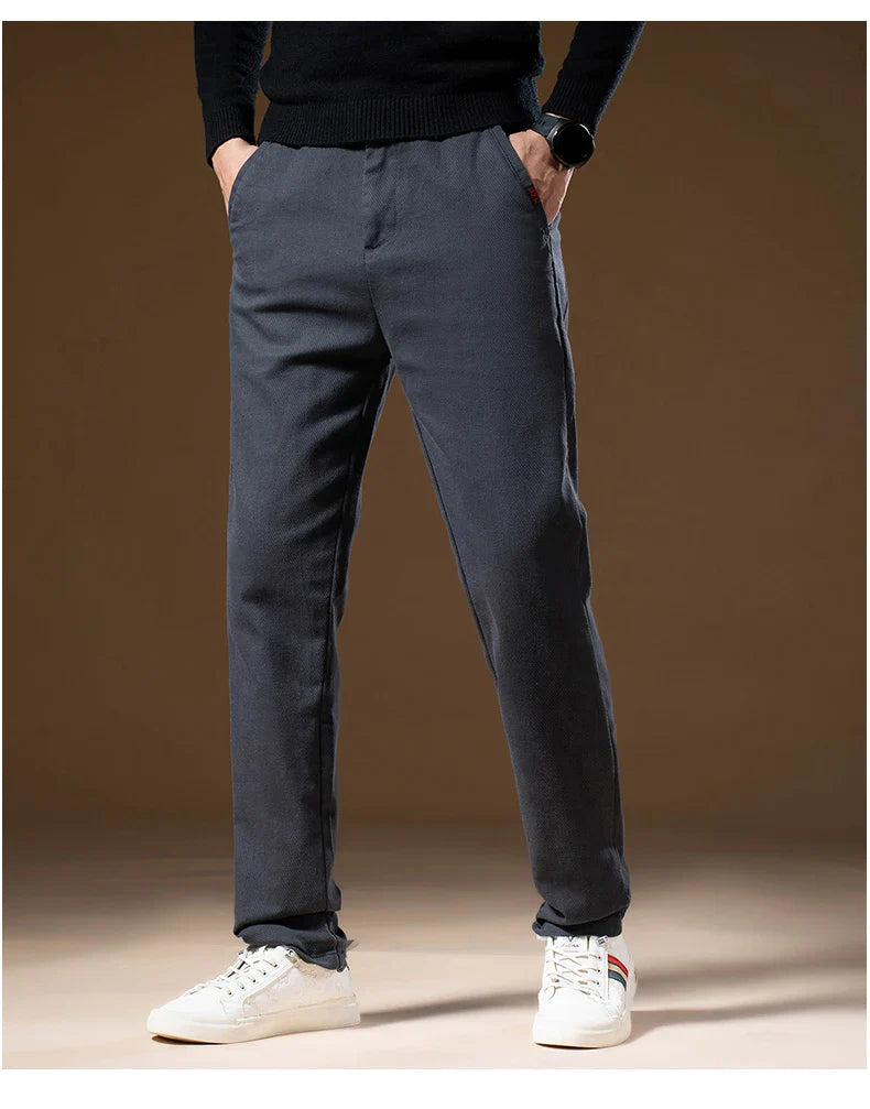Korean Business Casual Fleece Men Pants Winter Thickened Straight Thermal Casual Pants Male Fashion Stretch Warm Velvet Trousers