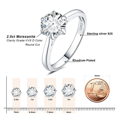 JewelryPalace مويسانيتي لون D 0.5 قيراط 1 قيراط 1.5 قيراط 2 قيراط خاتم زفاف وخطوبة سوليتير من الفضة الإسترليني S925 للنساء بقطع دائري