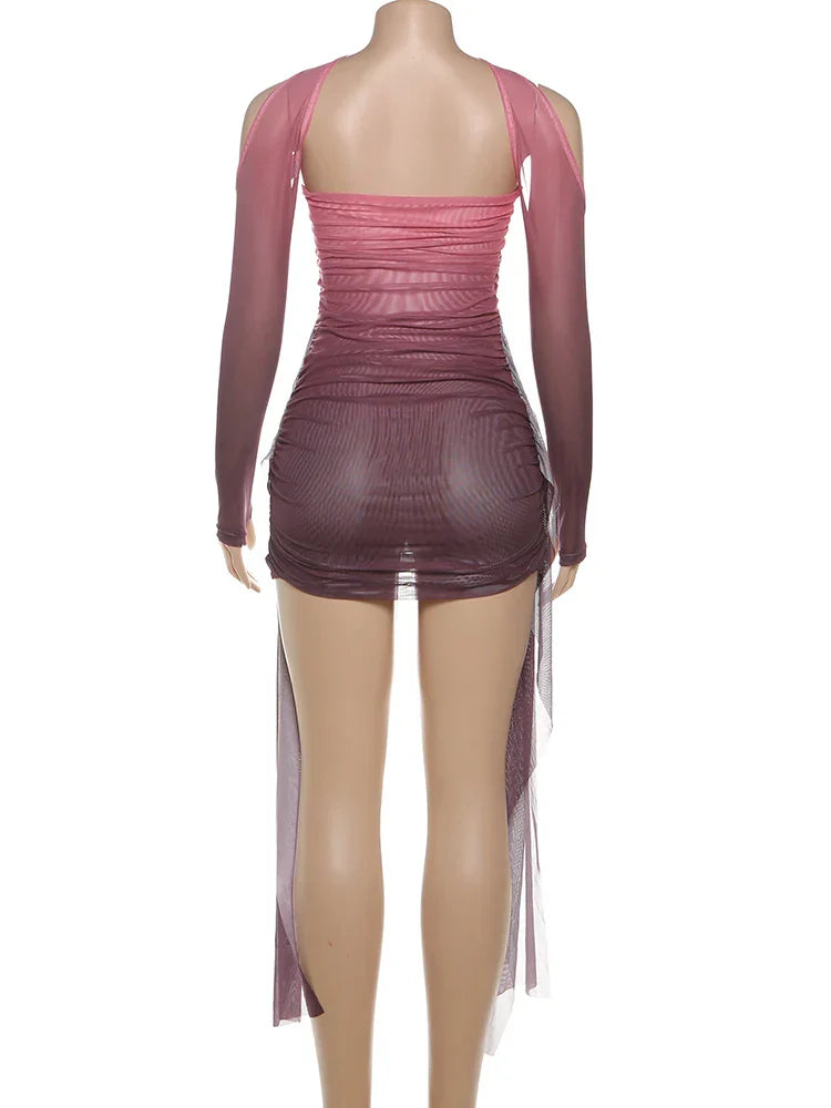 Mesh Simple Women Mini Dress Fashion Solid Strapless Ribbons Tassel Body-shaping Vestidos+Seperately Full Sleeve Gloves