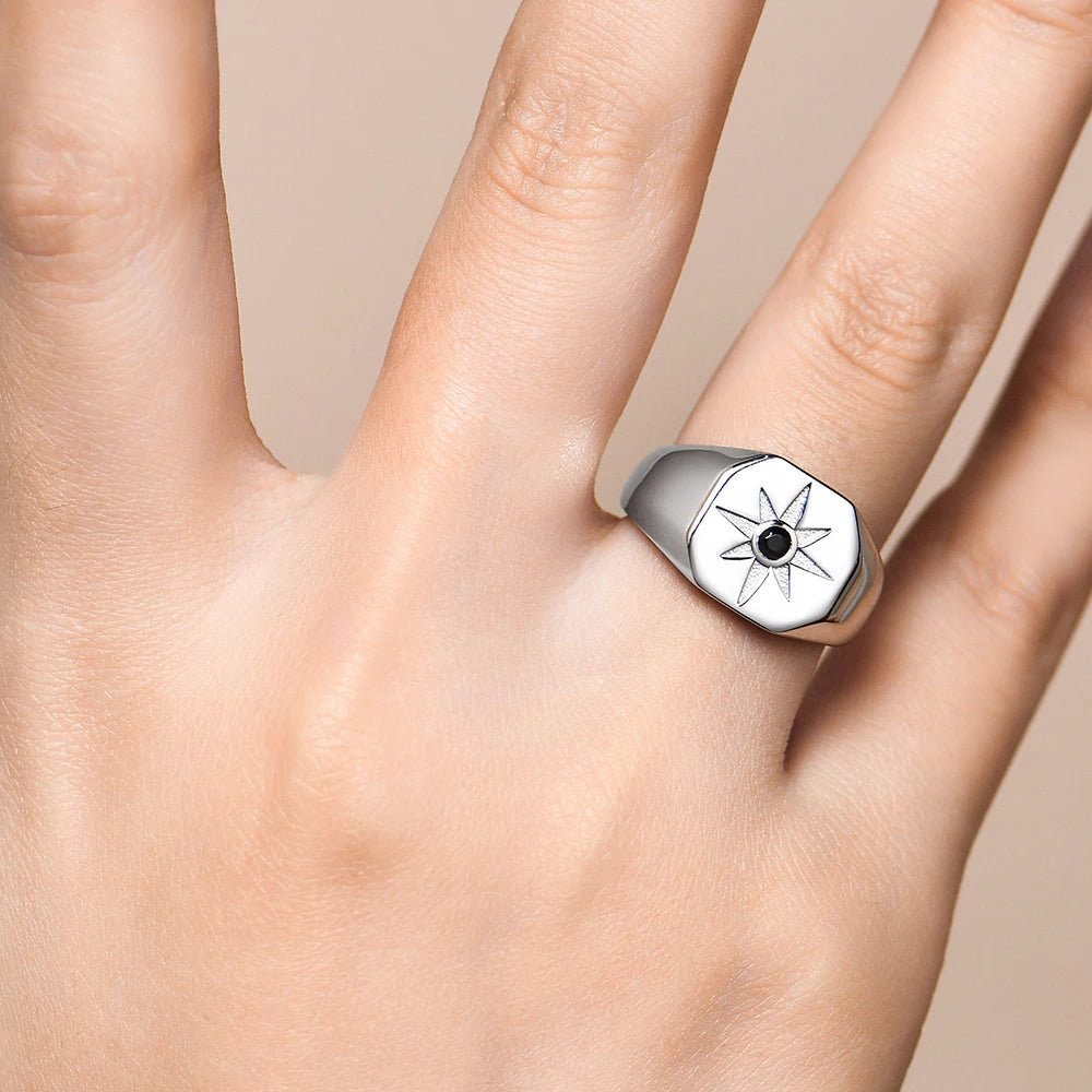 Vintage 8-Pointed Star Signet Ring for Men S925 Sterling Silver Black Spinel Women Rings Punk Jewelry Gifts for party