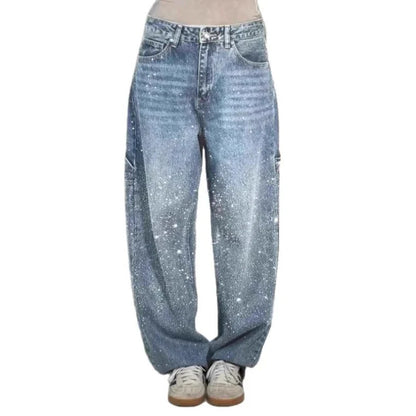 Calça Jeans Feminina Mom Pantalona Perna Larga Hot Drilling Cintura Alta Reta Y2k Streetwear Casual Punk Solta