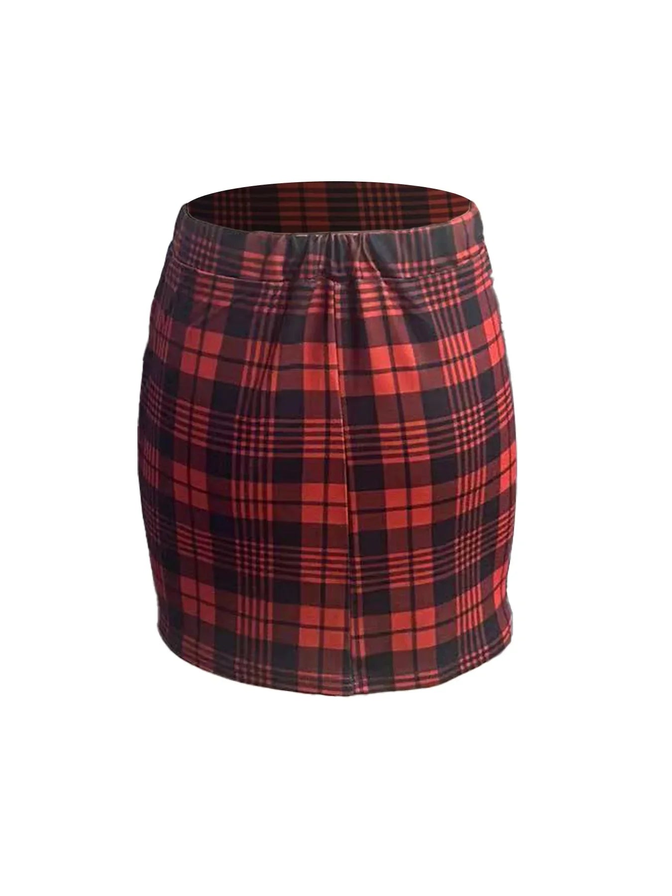Elegant high-waisted short skirt with a stretch waist in a thousand bird pattern, hugging the hips.