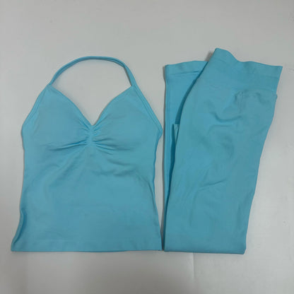 Set of 2 pieces of women's yoga mesh, sleeveless tops with open back, high-waisted gym suit, fitness clothing, yoga set