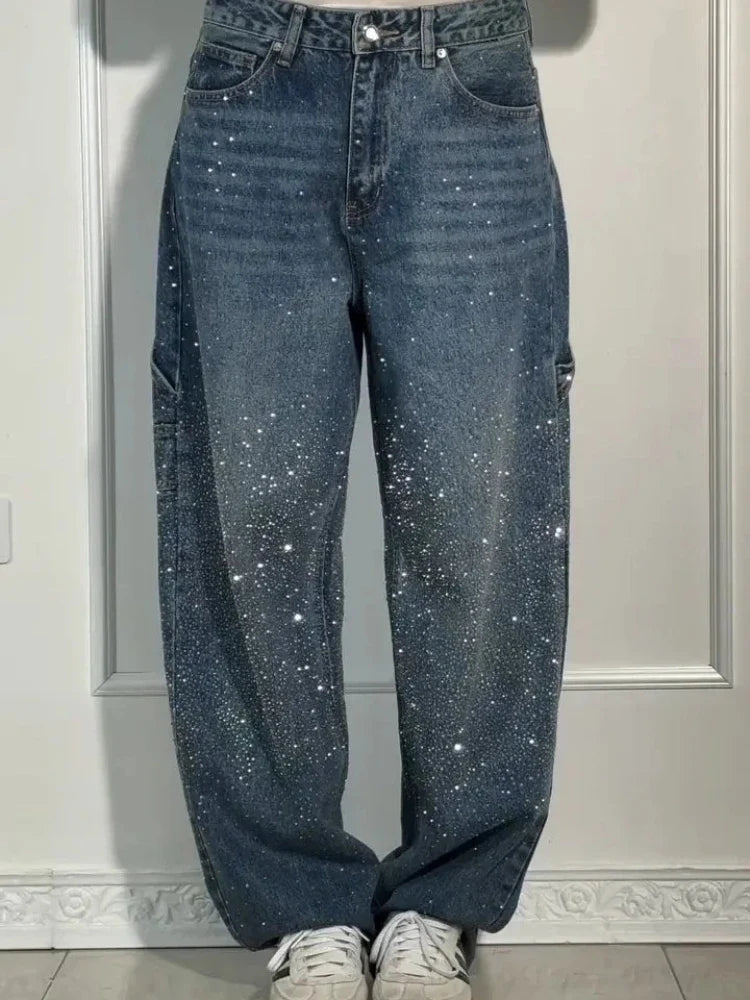 Calça Jeans Feminina Mom Pantalona Perna Larga Hot Drilling Cintura Alta Reta Y2k Streetwear Casual Punk Solta