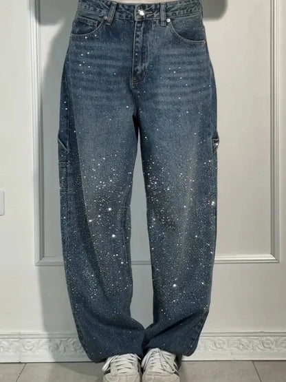 Calça Jeans Feminina Mom Pantalona Perna Larga Hot Drilling Cintura Alta Reta Y2k Streetwear Casual Punk Solta