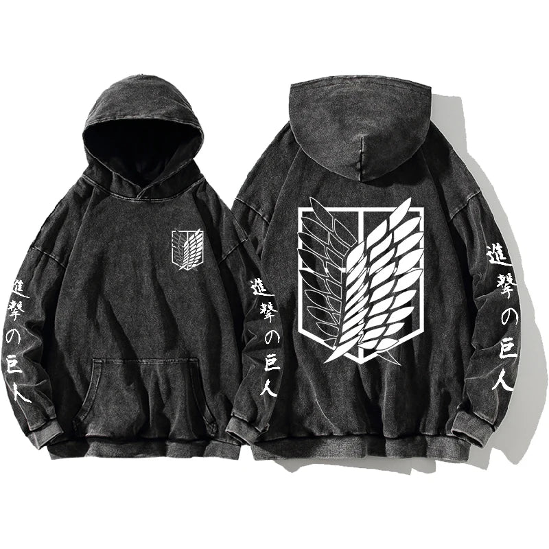 Attack on Titan Manga Hoodie Harajuku Sweatshirt Men Women Long Sleeve Streetwear Clothing Vintage Washed Cotton Hooded Pullover