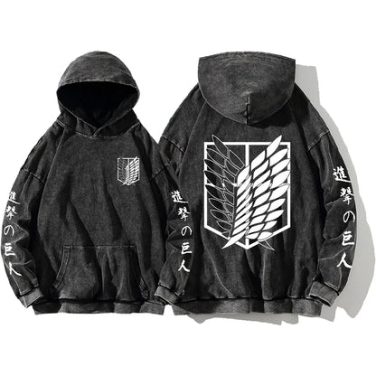 Attack on Titan Manga Hoodie Harajuku Sweatshirt Men Women Long Sleeve Streetwear Clothing Vintage Washed Cotton Hooded Pullover