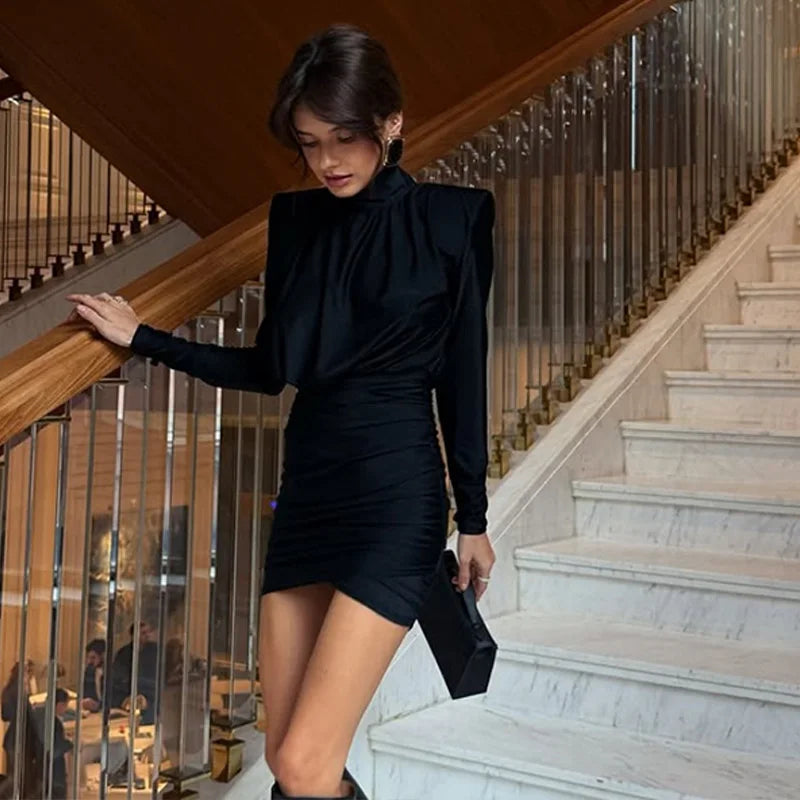 Solid Dresses For Women Fashion Sexy Streetwear Long Sleeves Turtleneck Sheath Mini Vestidos Robes Female Slim Fit Partywear