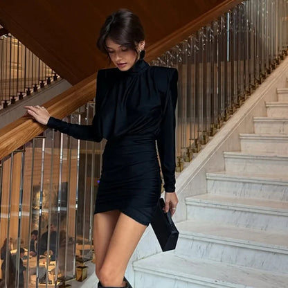 Solid Dresses For Women Fashion Sexy Streetwear Long Sleeves Turtleneck Sheath Mini Vestidos Robes Female Slim Fit Partywear