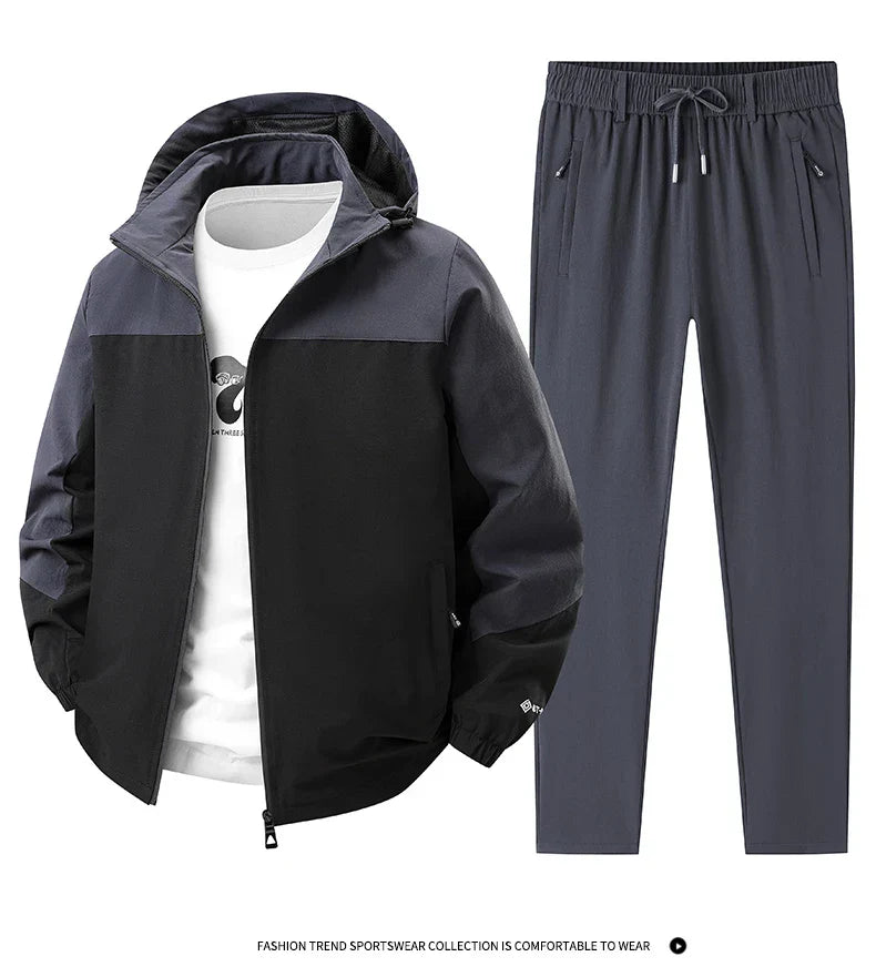 Men Spring Autumn Sport Set Comfortable Breathable Detachable Hooded Jacket Pant Set Training Morning Fitness Running Sport Suit