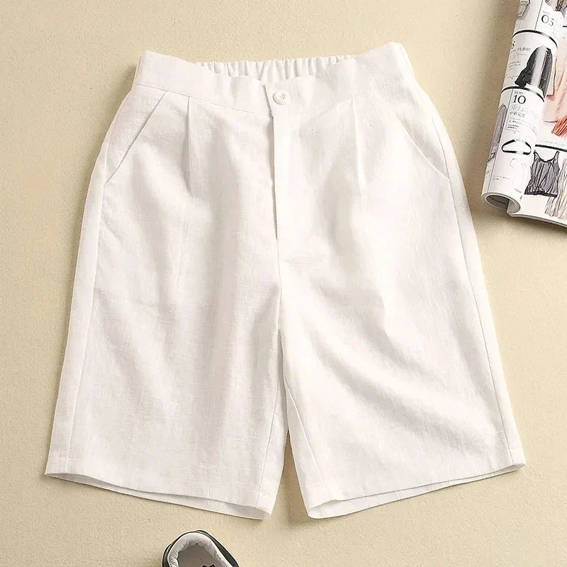 Khaki Solid Casual Linen Cotton Elastic High Waist Wide Leg Button Loose Women's Shorts Korean Fashion Summer Shorts Women 2024