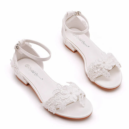 Summer new 2-cm square-heeled silk ribbon pearl rhinestone low-heeled wedding shoes beaded lace-up flat large-size women sandals