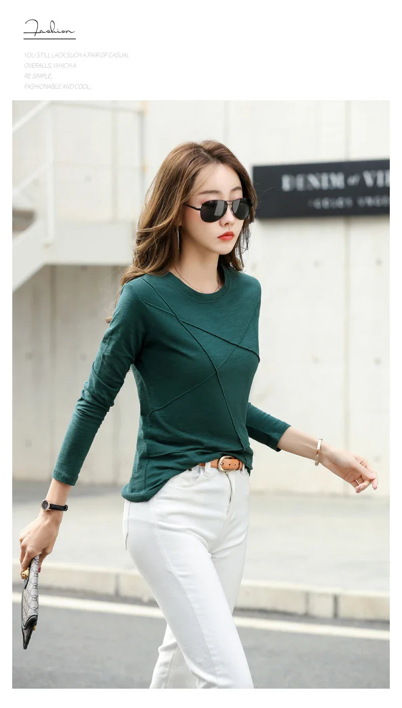 2026 Spring Long Sleeve Women O-Neck Bamboo Cotton T-Shirt Elegant Loose Ribbed Fashion Tee Shirt Ladies Simple Tops