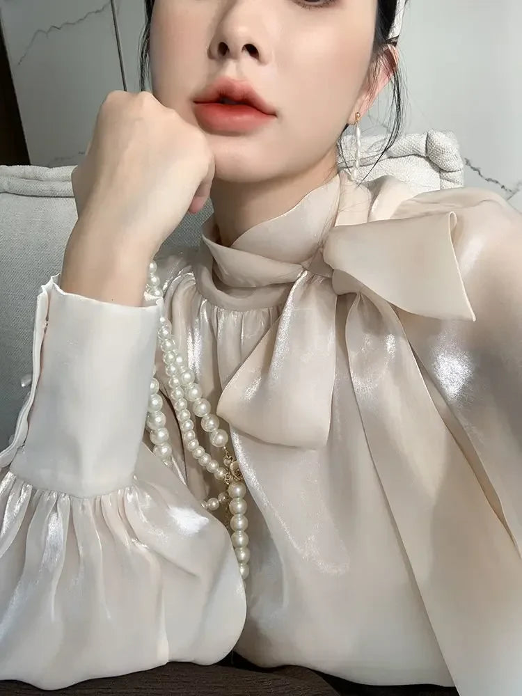 Women's Satin Blouses Stylish Big Bow Shirts 2023 Spring Autumn New Fashion Korean Edition Casual Puff Sleeve Female Solid Top