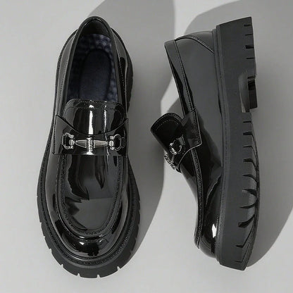 Europe Fashion Thick Sole Men's Penny Loafers Slip-On Business Dress Shoes Gentleman Glossy Buckle Formal Party Black Shoes