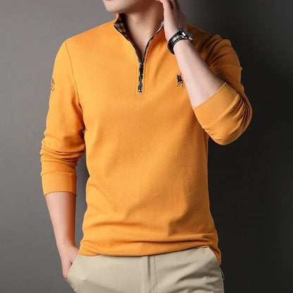 Luxury new Half Zipper Long Sleeve T-shirt 100% Cotton Brand Embroidered Stand Collar Men's Clothing Autumn Casual polo shirt