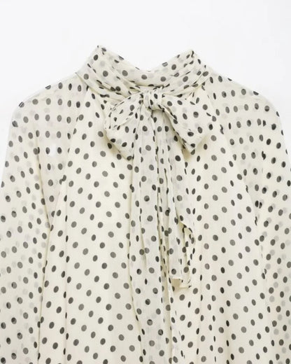 Elegant Women Polka Dot Blouse, Spring Bow Tie Lantern Sleeve Layered Neck Chiffon Shirt, Casual Daily Office Top