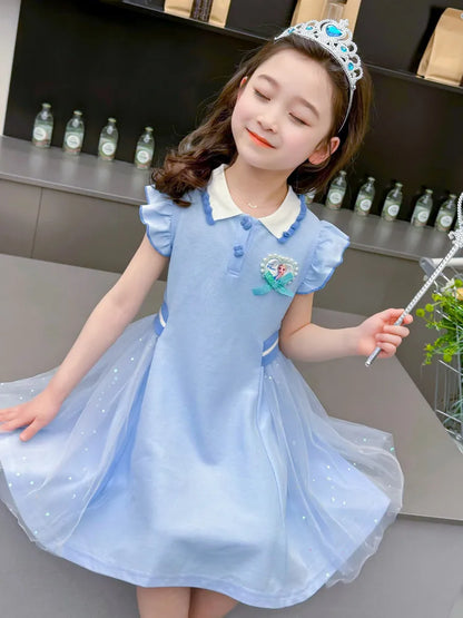 Girls Summer Princess Style Polo Dress Kids Casual Short Sleeve Lapel A-Line Dress Toddler Baby Girls Party Holiday