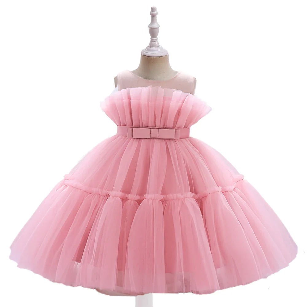 Summer Ruffles Bridesmaids Party Girls Dress Elegant Bow Wedding Birthday Princess Dresses Girl Tulle Pageant Evening Costumes