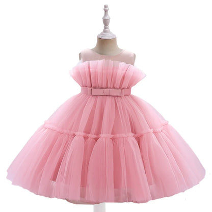 Summer Ruffles Bridesmaids Party Girls Dress Elegant Bow Wedding Birthday Princess Dresses Girl Tulle Pageant Evening Costumes