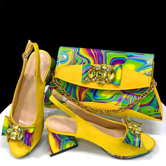 Yellow Women Shoes And Bag Set Fashion African Ladies High Heels Sandals Match With Handbag Pumps Clutch Femmes Sandales