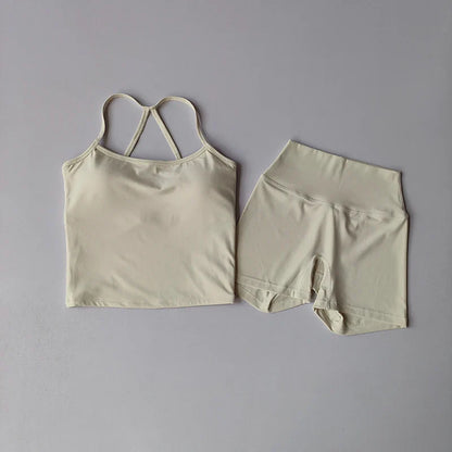 Women's yoga exercise set, popular slim shoulder yoga vest paired with high waisted, waist hugging, naked yoga three part shorts