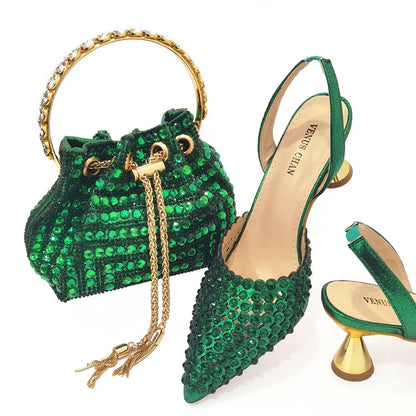 Mix Sapatos Femininos Salto Alto Bico Fino Designer Luxuoso Pedras Coloridas Festa Noturna Conjunto Combinando Sapatos e Bolsas