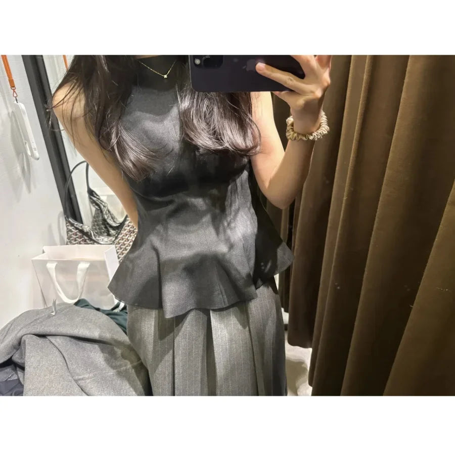 Fall/Winter 2025 New  Women's Fashion Elegant ruffled hem round neck sleeveless waist slim-fit top 4661124