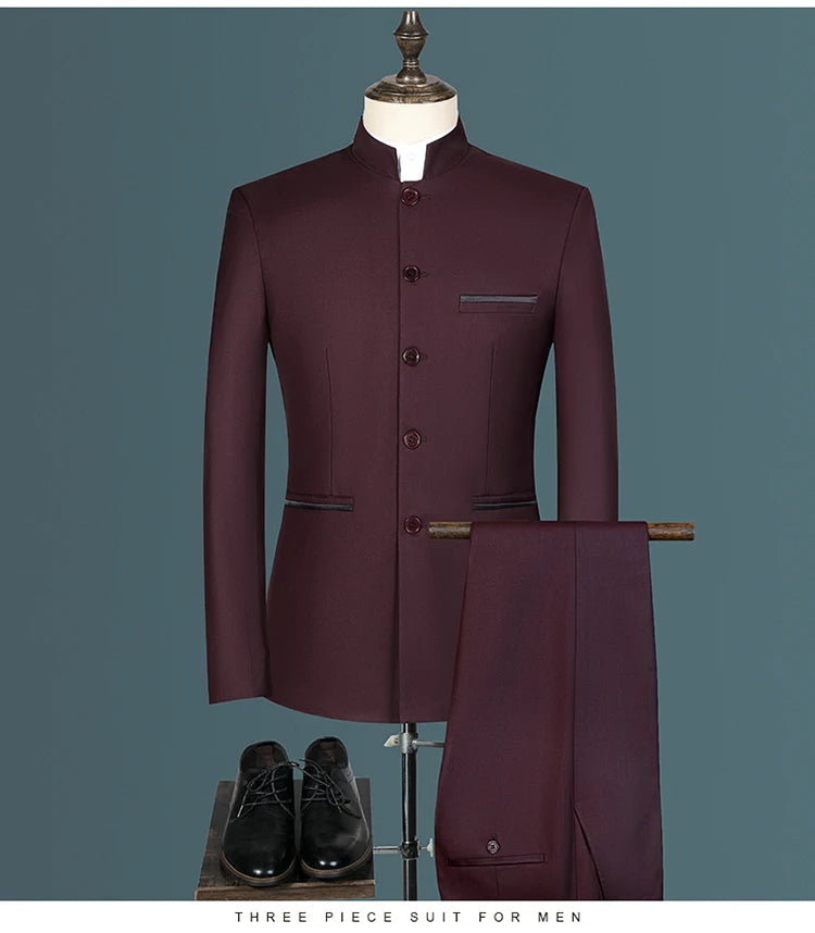 Suit (Blazer+ Vest + Pants) Men's Fashion Gentleman Business Outdoor Standing Collar Gentleman Wedding Work Casual MAO Suit