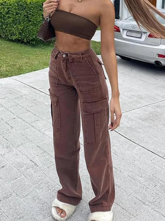 Women Wide Leg Baggy Brown Jeans
