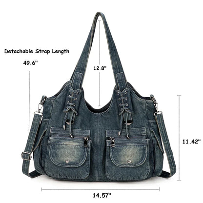 Women's Denim Bag Y2K Vintage Blue Jean Purse and Handbags Crossbody Shoulder Wallet Large Capacity
