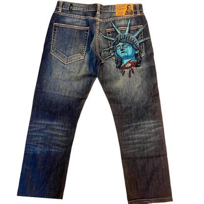 Baggy Wide Leg Y2K 2000s Loose Jeans Embroidered Buddha Casual Denim Pants Harajuku High Waist Straight Jeans Y2k Women Clothing