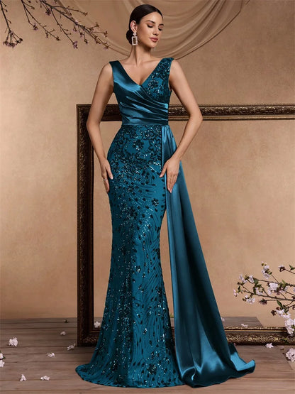 Elegant V-neck Splice Ribbons Sequins Evening Dresses Woman Sleeveless Mermaid Formal Luxury Wedding Party Prom